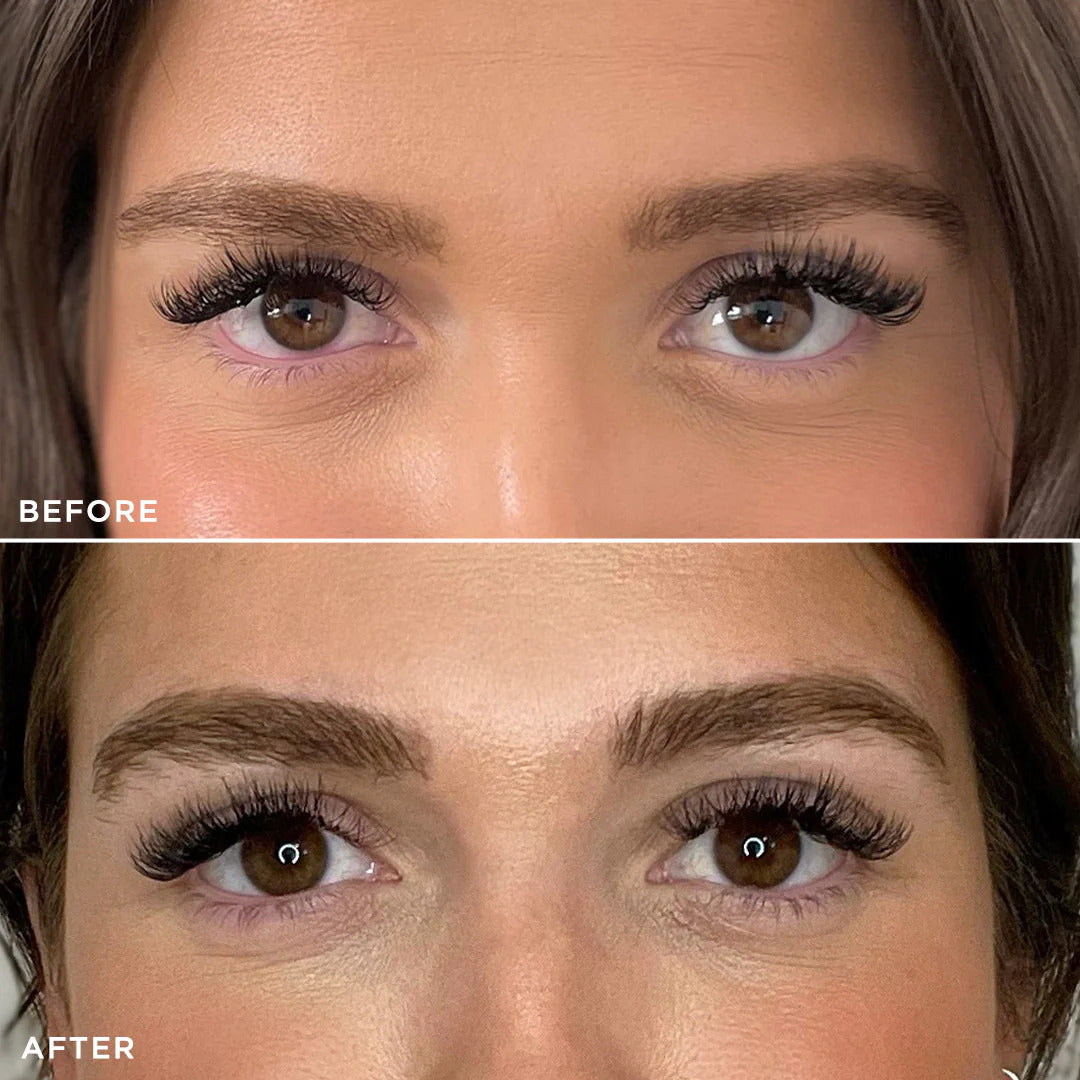 Before and after shot of model Brow Gold Nourishing Growth Oil 2
