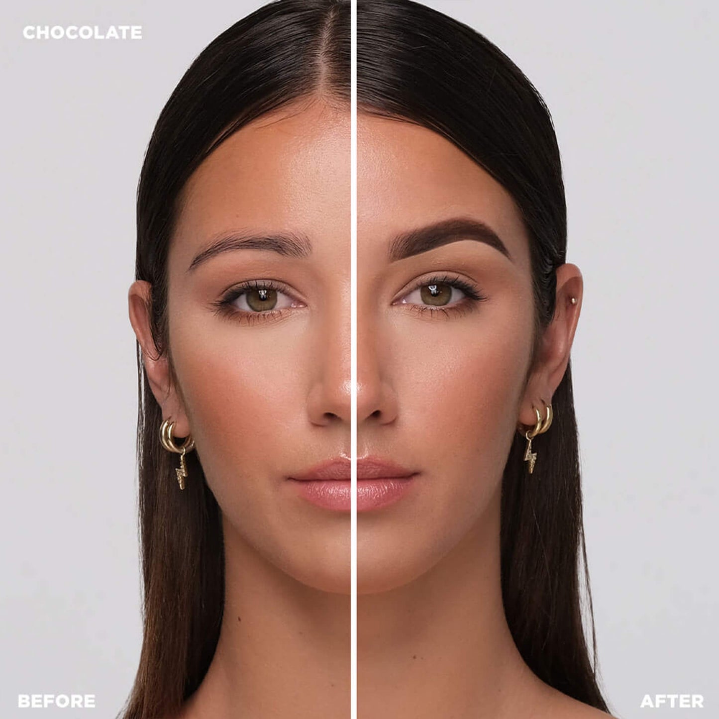 Before and after shot of model wearing Color-Chocolate - Medium Brown