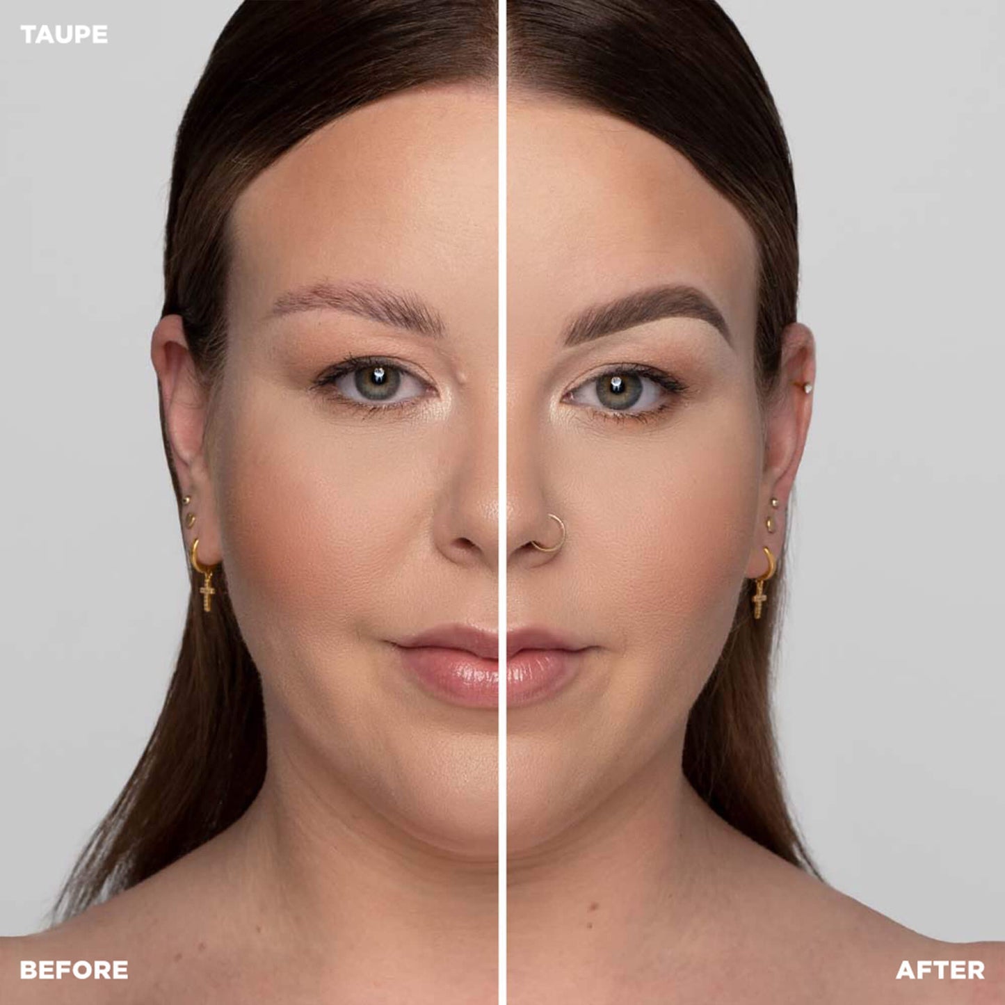 Before and after shot of model wearing Color-Taupe